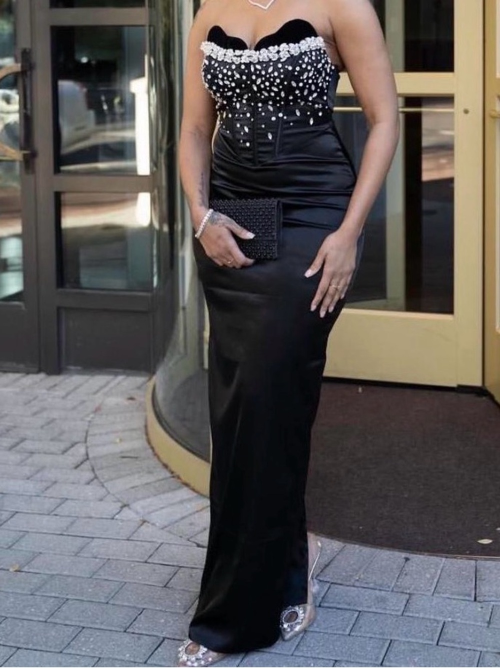 Elegant Black Strapless Beaded Evening Gown